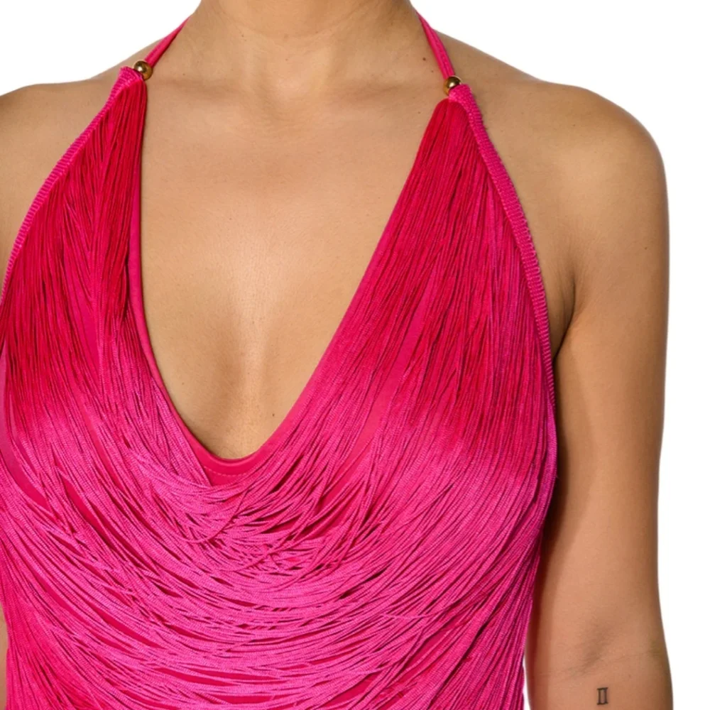 Callie Pink Summer: Fuchsia Layered & Draped Fringe Cowl & Split Maxi Dress - Picture 6 of 7
